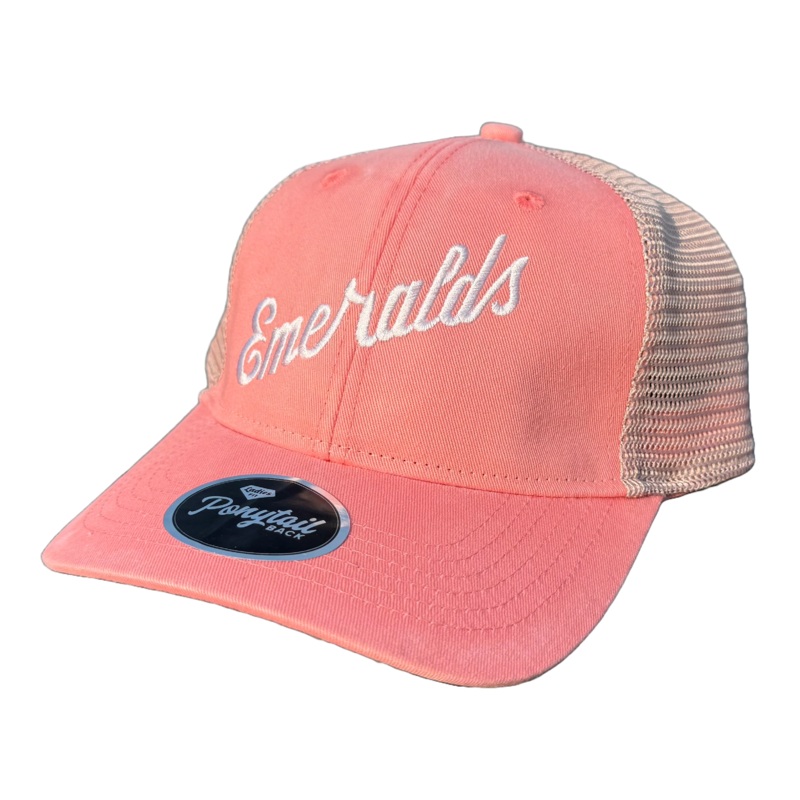Eugene Emeralds Outdoor Cap Women’s Ponytail Pink Script Cap