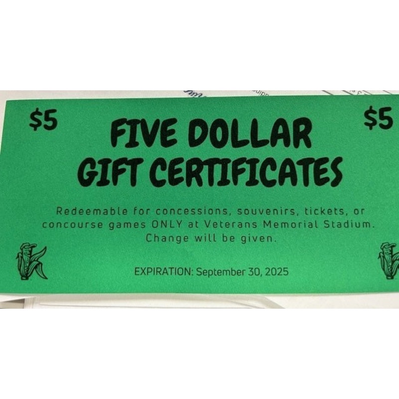 Cedar Rapids Kernels $5 gift certificates-2025