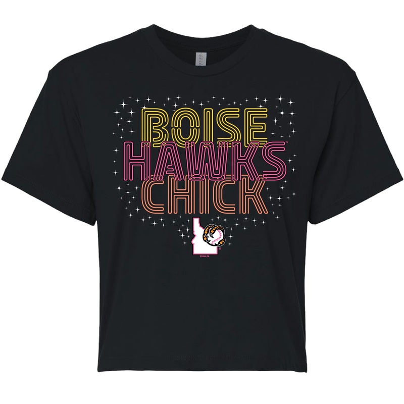 BOISE HAWKS WOMEN’S RETRO NEON CROP TOP TEE, BLACK