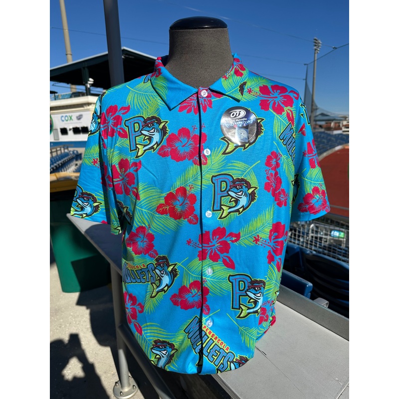 Pensacola Blue Wahoos Mullets Hawaiian Button Up