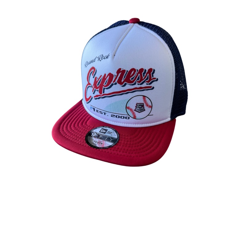 Round Rock Express New Era Youth White/Navy Mesh Retro Script 950