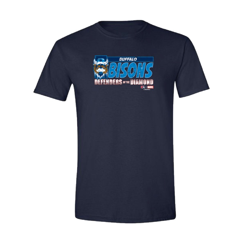 Buffalo Bisons Youth Marvel’s Defenders of the Diamond Navy DOTD Tee