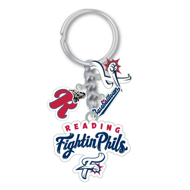 Reading Fightin Phils Cluster Keychain with F-Fist, Primary Logo, Baseballtown and Reading Train Logos
