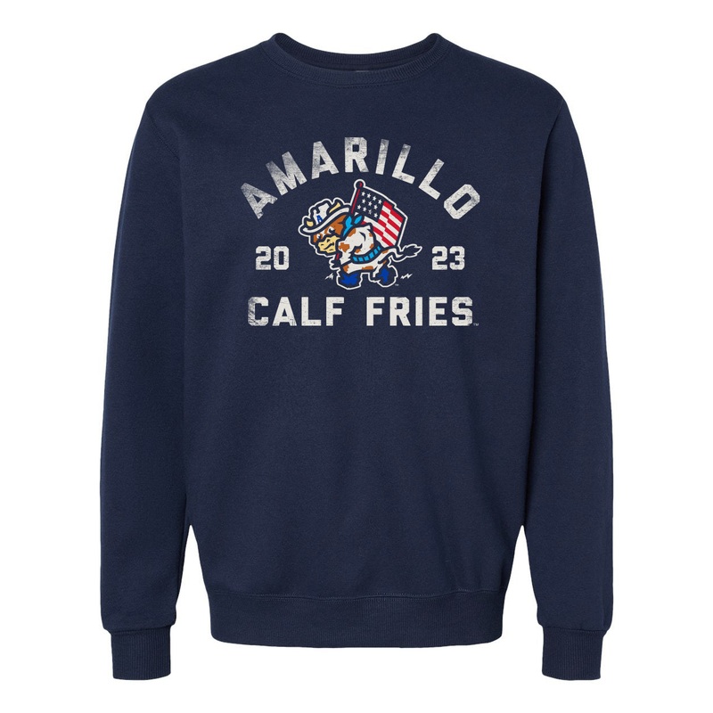 Amarillo Sod Poodles Calf Fries Navy Waving Flag Crewneck