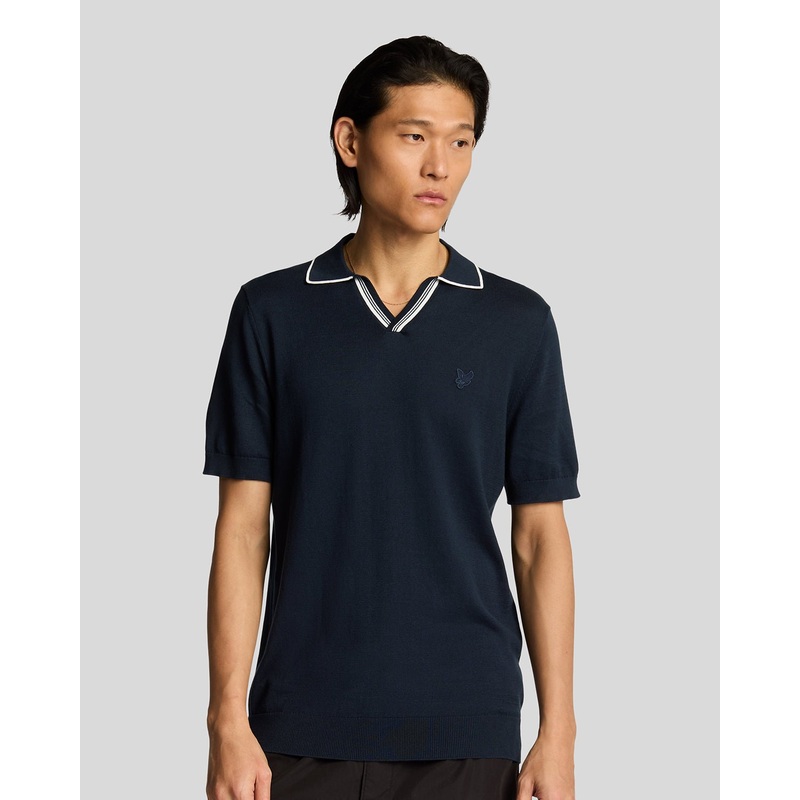 Tipped Knitted Open Collar Polo Shirt